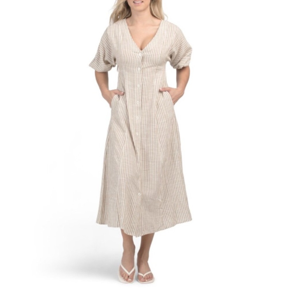NEW Max Studio London Striped Linen Cotton Blend Puff Sleeve Maxi Dress Size S